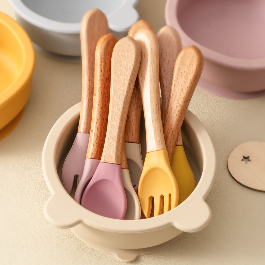 Weaning Spoon Set - Mamaplan Silikon Bebek Kaşık Çatal Ahşap